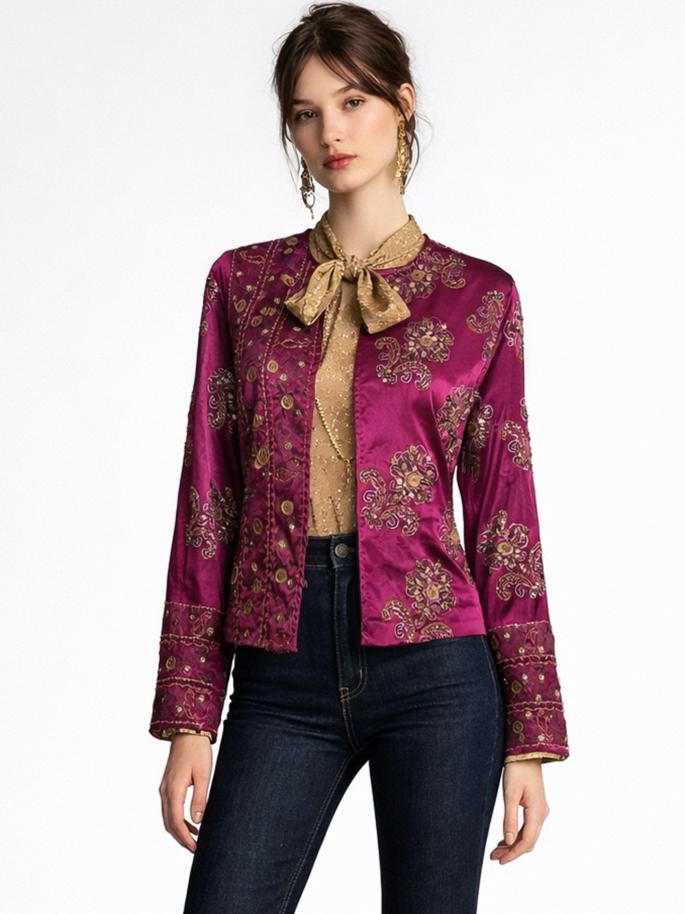 Vintage Chico’s Purple Beaded Sequin Floral Satin Jacket M Whimsigoth Boho